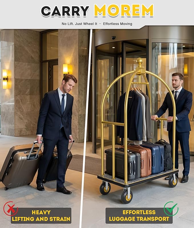 Hotel Luggage Cart Commercial Grade Brushed Stainless Steel, 900LBS Heavy Duty Bellman's Cart with 8" Rubber Wheels & Grey Carpeted Deck Luggage Trolley for Hotels Resorts (Gold, 74" X 42" X 25")