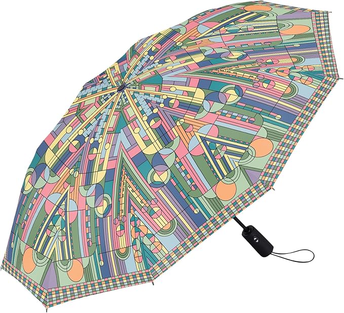 RainCaper Frank Lloyd Wright Windproof Auto Open Close 43” Coverage Folding Travel Umbrella with Matching Sleeve