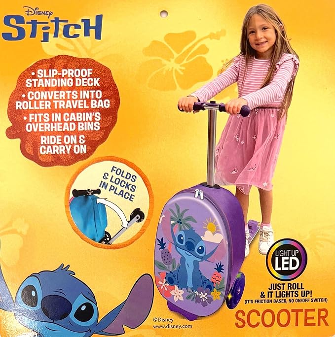 Disney Stitch 2-in-1 Kids Scooter Suitcase & Ride-On Carry-On Luggage Lightweight Travel Case with Built-in Kick Scooter