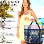 Fammart Mesh Beach Bag, Large Beach Tote with Zipper Pocket, Toys Pool Bag for Family Travel Vacation Cruise Essentials