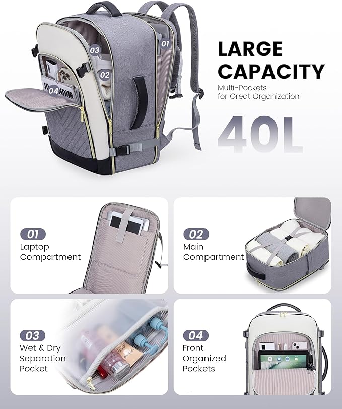 LOVEVOOK Large Travel Backpack for Women, TSA Carry on Backpack for Airplanes, 40L Personal Item Travel Bag for Women fits 17" Laptop,Waterproof Carry on Bag Airplane Approved with 3 Packing Cubes
