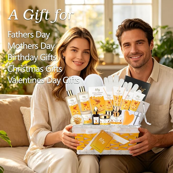 Gifts for Women & Men, Gift Basket for Mom & Dad - Luxurious Honey Almond Bath and Body Basket Set for Women, Spa Gift Set for Mom, Spa Kit | Valentines Day, Birthday Gifts, Christmas Gift Sets