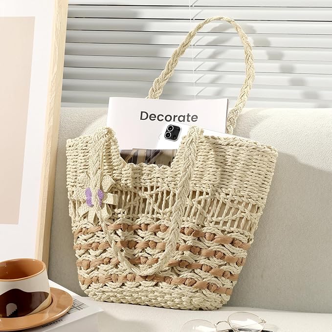 Trifabricy Beach Bags for Women, Summer Straw Bag, Woven Straw Beach Tote Bag Shoulder Handbags