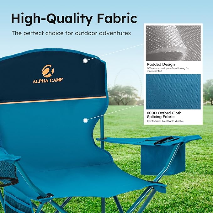 ALPHA CAMP Camping Chairs 250LBS Capacity, Heavy Duty Folding Chair with 4-Can Cooler Bag, Portable Outdoor Chair with Cup Holder for Adults, Collapsible for Tailgating, Beach, Fishing,Black,2PC