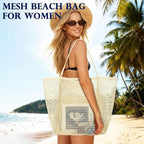 Fammart Mesh Beach Bag, Large Beach Tote with Zipper Pocket, Toys Pool Bag for Family Travel Vacation Cruise Essentials