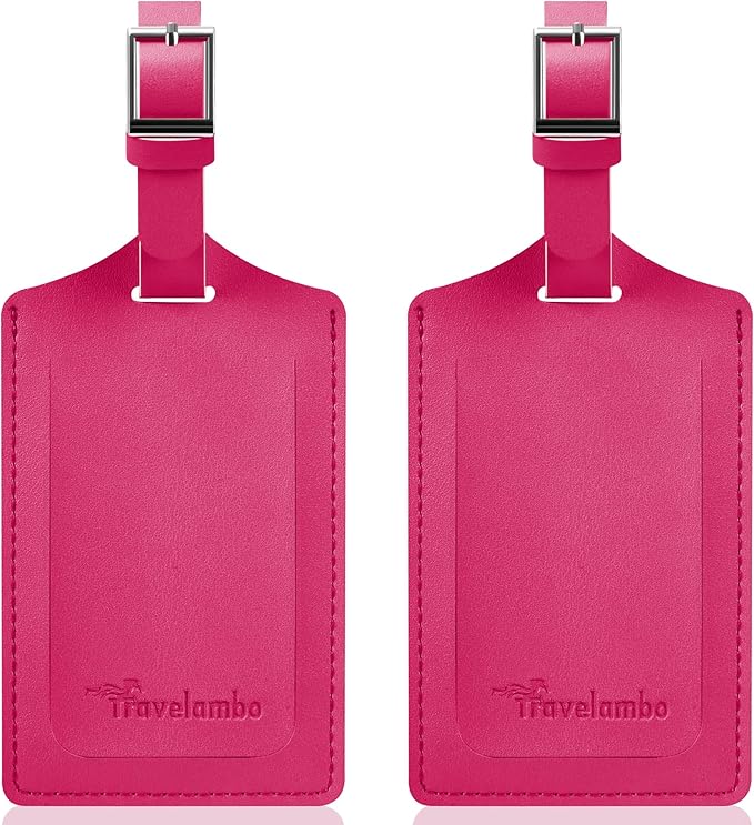 Travelambo Luggage Tags for Suitcases Faux Leather Privacy Protection 2 Pack Bag Tags Travel Accessories Essential, Rose Red