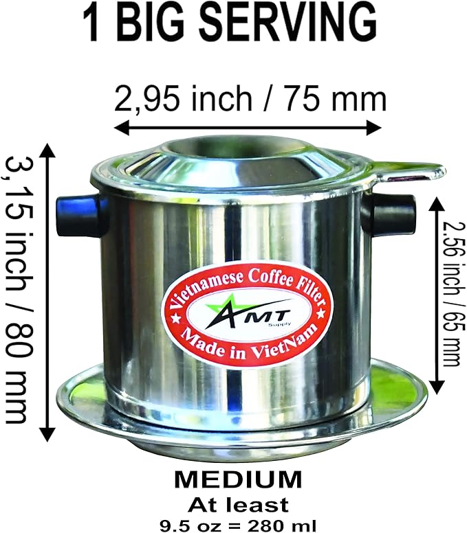 AMT 9.5 oz Coffee Maker, Phin Filter with Cork, 2-3 Servings, Screw Down Coffee Dripper for Vietnamese Style Coffee at Home or Office