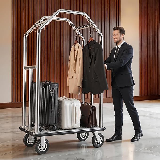 VEVOR Hotel Luggage Cart, 1500 lbs Heavy Duty Bellman Cart with Stainless Steel Frame, 8 in Rubber Wheels, Gray Carpeted Deck, Commercial Luggage Carrier Rolling Trolley for Hotels,Resorts,Silver