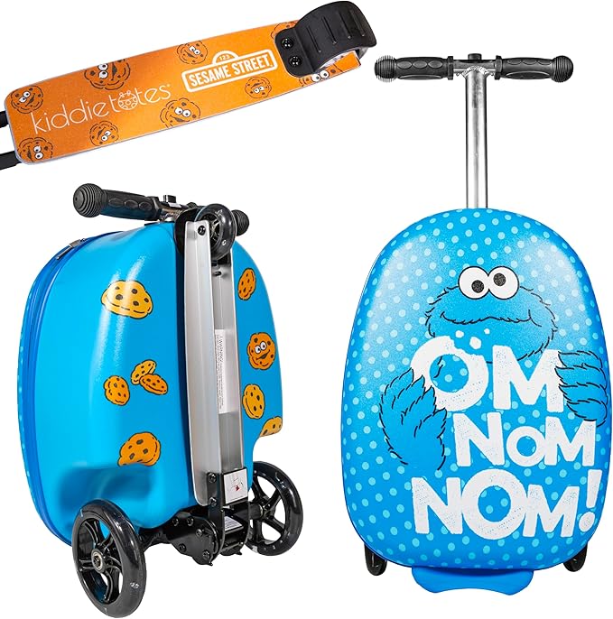 Sesame Street Cookie Monster Ride-On Scooter Suitcase for Kids – Hardside Lightweight Carry-On Luggage with Foldable Scooter & LED Wheels
