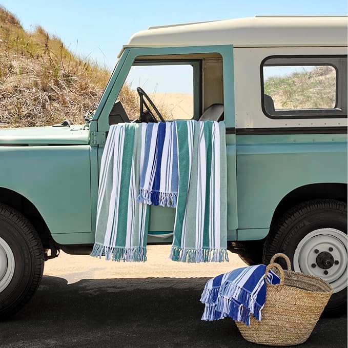 Laguna Beach Textile Co. Striped Cabana Beach Towel - Oversized, Plush 630 GSM Cotton - Palm Green