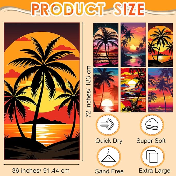 FuWeave 6 Pcs 72 x 36 Microfiber Oversized Beach Towels Large Absorbent Thin Compact Lightweight Sand Free Quick Dry Towels Pack for Travel Pool Yoga Gym Sports Beach Accessories(Coconut Trees)