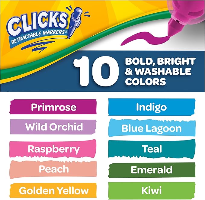 Crayola Clicks Retractable Markers Bold (10ct), Teacher Classroom School Supplies, Spring Crafts, No Dry Washable Markers for Kids