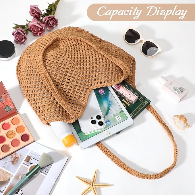 Tavaleu Crochet Tote Beach Bags for Women, Mesh Beach Tote Knit Bag, Summer Vacation Aesthetic Boho Hobo Shoulder Bag