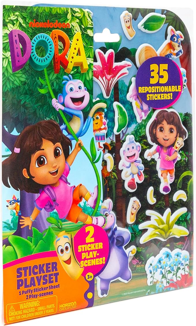 Dora Puffy Sticker Playset, 35 Reusable Stickers and 2 Play Scenes, Fun Kids Activities, Toddler Toys, Road Trip Essentials, Gifts for 4 Year Old Girl, Mess Free Airplane Toy