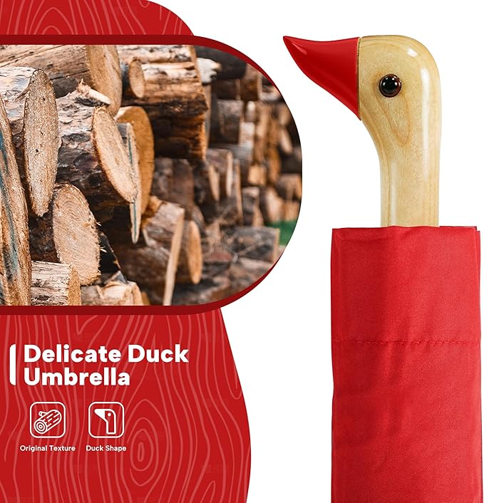 Compact Small Umbrellas for Rain&Sun, Cute Design Duck Head Umbrella for Girls Gifts, 8 Ribs Folding Umbrella with Wooden Handle
