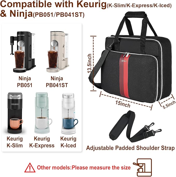 LEFOR·Z Coffee Maker Travel Bag Compatible with Keurig K-Slim/K-Express/K-Iced/Ninja PB051/PB041ST,Single Serve Coffee Brewer Carrying Case with Multiple Pockets for K-Cup Pods(Bag Only)