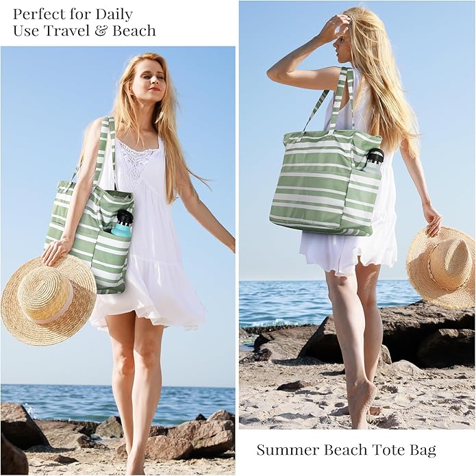 Trifabricy Beach Bags for Women Waterproof Sandproof Women Tote Bag, Large Beach Bag with Zipper for Gym Travel Vocation