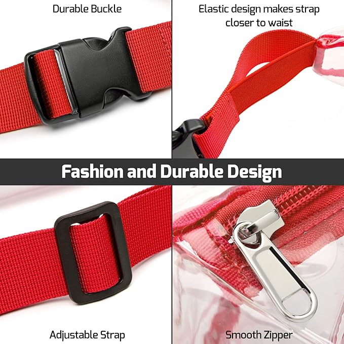 Veckle Clear Fanny Pack Stadium Approved - Adjustable 33-47 Inch Strap, Transparent Belt Bag for Women Men Fits 7.5-inch Smartphone, Waist Bag Clear Bag for Stadium Events, Sport, Concerts, Red