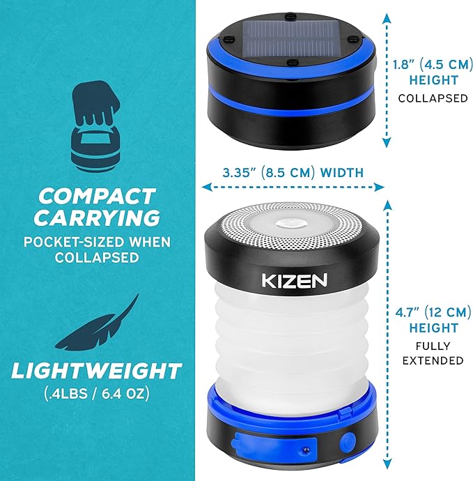 Kizen Outdoor Solar Lantern - Solar or Plug Rechargeable Lantern - Collapsible LED Light for Power Outages - Camping Essential Lamp for Tent Light, Hanging, or Flashlight - Yellow