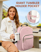 LOVEVOOK Laptop Backpack for Women with Giant Tumbler Holder 15.6 inch,Designer Travel Backpack Laptop Bag College Backpack,Quilted Work Nurse Teacher Backpack Purse Computer Bag Casual Daypack, Pink