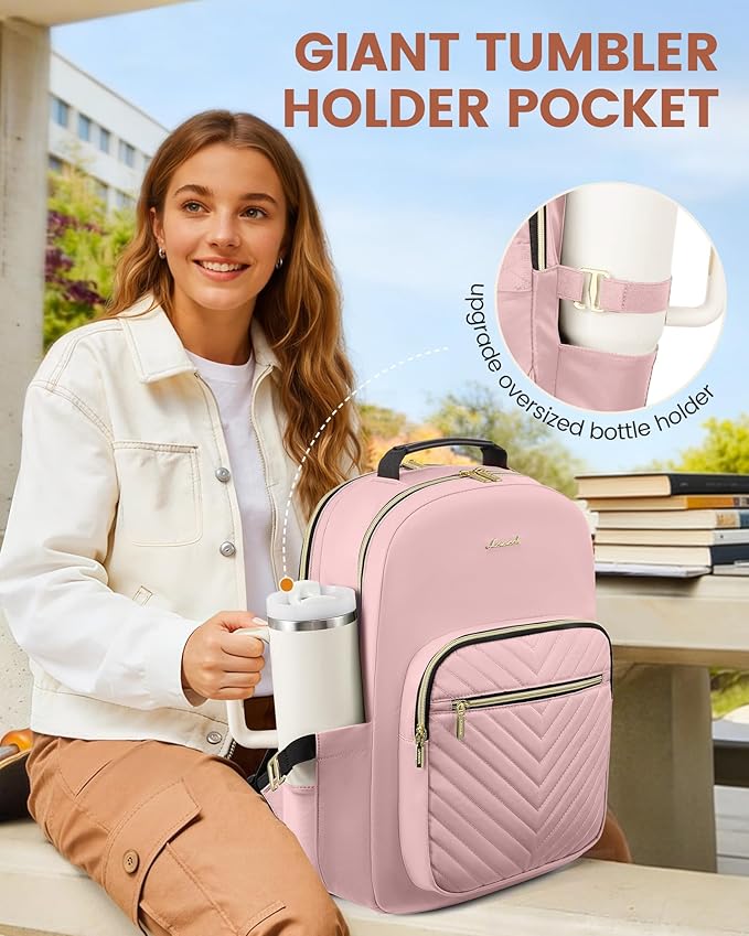 LOVEVOOK Laptop Backpack for Women with Giant Tumbler Holder 18.4 inch,Designer Travel Backpack Laptop Bag College Backpack,Quilted Work Nurse Teacher Backpack Purse Computer Bag Casual Daypack, Pink