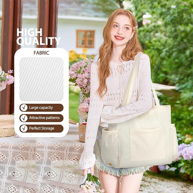 Corduroy Tote Bag for Women,Large Capacity Cute Tote Bags With 6 Pockets,Crossbody Shoulder Handbag for Work Travel Gym
