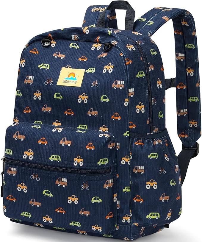 STEAMEDBUN Corduroy Kids Backpack for Boys and Girls 5-8: Boys Backpack for Elementary Kindergarten - 15 inch Cute Backpacks for Kids - Car