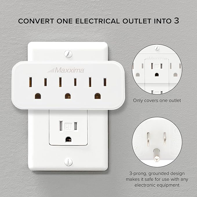 Maxxima 3 Grounded Multi Outlet Adapter Wall Plug - Outlet Extender Wall Tap, Turns 1 Outlet into 3, Indoor 3 Way Plug Splitter - White - 4 Pack