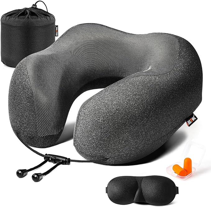 MLVOC Neck Pillow for Traveling, Upgraded 100% Pure Memory Foam Travel Neck Pillow for Airplane Flight Sleep, Breathable & Machine Washable Cover, Travel Kit with 3D Eye Mask, Earplugs & Bag, Black
