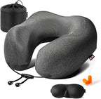 MLVOC Neck Pillow for Traveling, Upgraded 100% Pure Memory Foam Travel Neck Pillow for Airplane Flight Sleep, Breathable & Machine Washable Cover, Travel Kit with 3D Eye Mask, Earplugs & Bag, Black