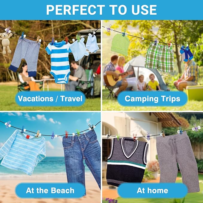 Retractable Travel Clothesline - Glow in the Dark Portable Clothes Line - 12ft/4m Camping Clotheslines for Outside, Hotel Room or Cruise - Laundry Line, Clothes Drying Line, Clothing Line Outdoor