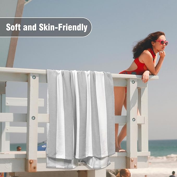 HENBAY Large Oversized Beach Towel - 35 x 70 Inch Microfiber Pool Towel, Grey Striped Quick Dry Cabana Swim Towel