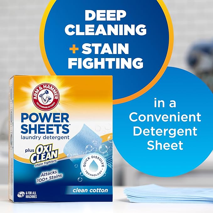 ARM & HAMMER Power Sheets Laundry Detergent Plus OxiClean Stain Fighters, Clean Cotton Scent, 52 Count, 104 Medium Loads