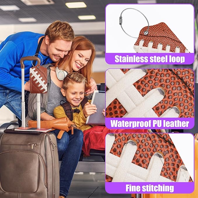 3 Pack American Football Baseball Luggage Tags for Suitcase Soccer PU Leather Travel Luggage Tag Privacy Cover ID Label for Women Men Baggage Backpack Handbag School Bag