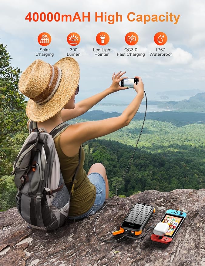 MINRISE Solar Power Bank 40000mAh, Portable Charger PD 20W Fast Charging Solar Charger Power Bank Built in 4 Cables and USB-C in/Output, Camping Essentials External Battery Pack with Flashlights