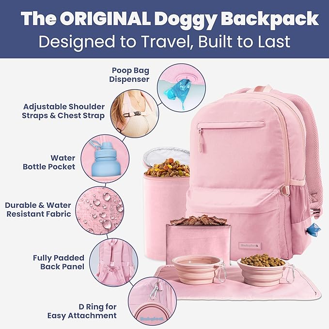 Dog Travel Bag for Supplies - Complete Dog Diaper Bag Backpack with 2 BPA-Free Travel Bowls, Treat Pouch, Food Container, Placemat & Laptop Sleeve – for Traveling, Road Trips, Hiking: Dusty Pink