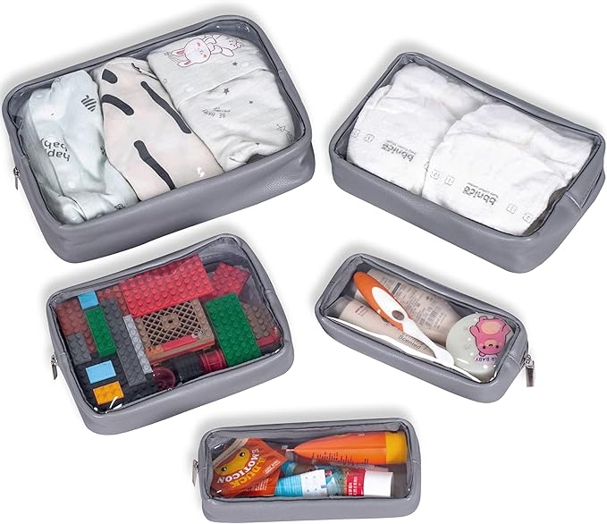 Remobia Hicol TSA Approved 5-Piece Diaper Bag Organizer Pouch Set Clear Waterproof TPU Kids Toiletry Storage Set Travel Packing Clutch Cube Bags for Baby Nursing (Dark Gray)