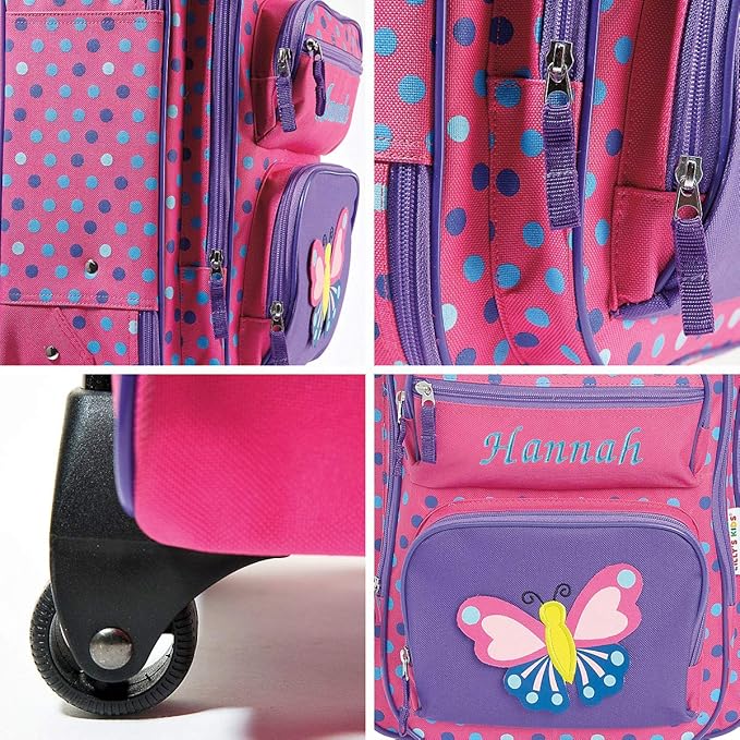 Lillian Vernon Personalized Kids Suitcases for Girls, 5-Pocket 3-D Butterfly Design Rolling Luggage Set, Customizable Travel Carrier on Wheels