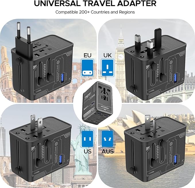 Universal Travel Adapter, 75W GaN International Power Adapter with 3 USB C and 1 USB A, All in One Travel Plug Adapter, Worldwide Outlet Wall Charger Converter for EU US UK AU 200+ Countries.