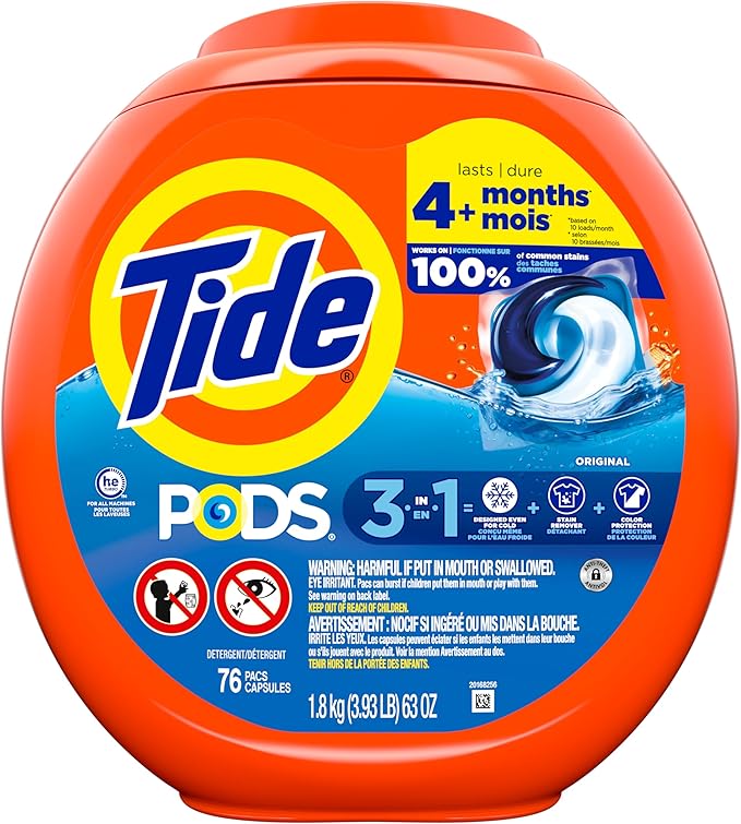 Tide PODS laundry detergent pacs, 3-in-1 Stain Remover, Odor Fighter, Color Protector, 76 Count, HE compatible, Original Scent