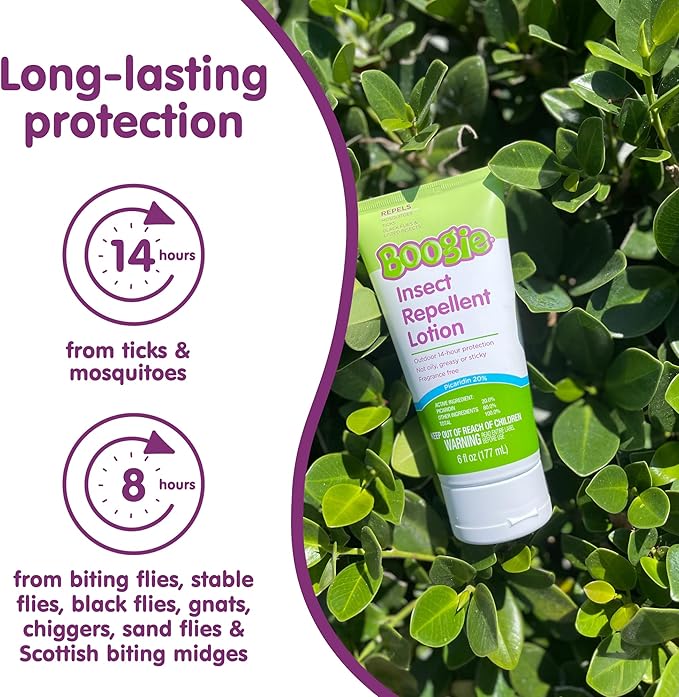 Boogie Insect Repellent Lotion, Keep Mosquitoes, Ticks and Flies Off, DEET Alternative Repellent, Up to 14-Hour Protection, Fragrance-Free, Odorless Lotion, 6 Ounce