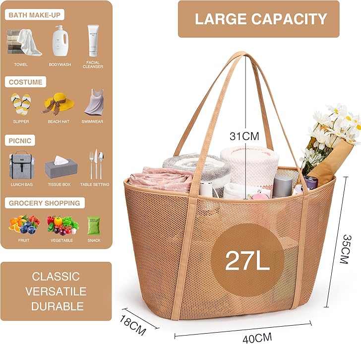KALIDI Upgrade Version Beach Mesh Tote Bag MAX 27L Large capacity,Shoulder Bag Nylon Hobo Women Casual Foldable Beach Picnic