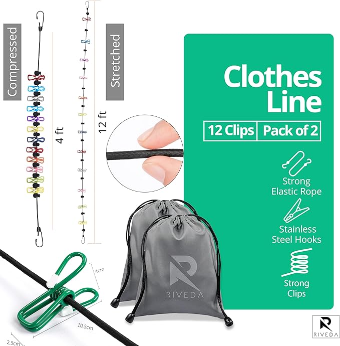 RIVEDA 2 Pack Travel Clotheslines with 12 Colorful Clips Each & 2 Bags, Cruise RV & Camping Essentials Clothes Line for Indoor Laundry Drying Line & Outdoor Accessories