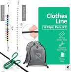 RIVEDA 2 Pack Travel Clotheslines with 12 Colorful Clips Each & 2 Bags, Cruise RV & Camping Essentials Clothes Line for Indoor Laundry Drying Line & Outdoor Accessories