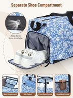 Lekesky Foldable Travel Duffle Bag for Women, Large Duffel Bag with Separate Shoes Compartments & Straps, Carry On Weekend Bag for Women (Blue Floral Print, 80L)