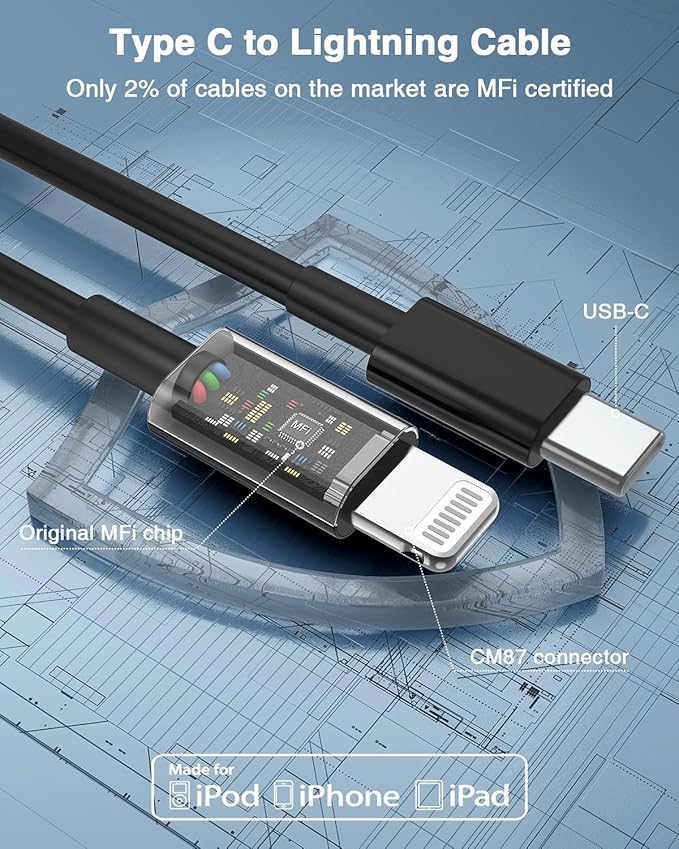 Susnwere USB C to Lightning Cable (2pack 6ft), Apple MFi Certified iPhone Fast Charger 2m, Power Delivery Original Type C Charging Cord for Apple iPhone 13/12/11 Pro/11/XS MAX/XR/8/7/6s Plus,iPad