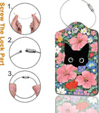 2 Pack Luggage Tag for Suitcase, Cute Unique Leather Bag Tags Identifiers Privacy Cover ID Label with Durable Steel Loop for Women Men Kids Girls Travel (BlackcatskyC)