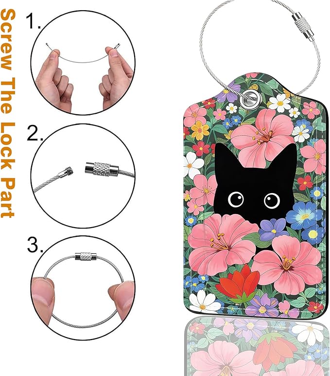 2 Pack Luggage Tag for Suitcase, Cute Unique Leather Bag Tags Identifiers Privacy Cover ID Label with Durable Steel Loop for Women Men Kids Girls Travel (BlackcatskyC)