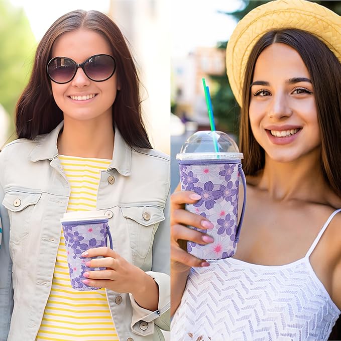 KJQJLY 3 Pack Reusable Iced Coffee Sleeves for Iced Coffee Cups or Drinks Reusable Neoprene Insulated Sleeves for Hot and Cold Drinks from Starbucks, Dunkin, And More (Little Purple Flowers)