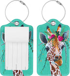 Luggage Tags for Suitcases, 2 Pack Cute PU Leather Suitcase Tag Identifiers TSA Approved with Stainless Steel Loop and Address Card for Baggage Tag for Travel Essentials Giraffe, by Chelmon